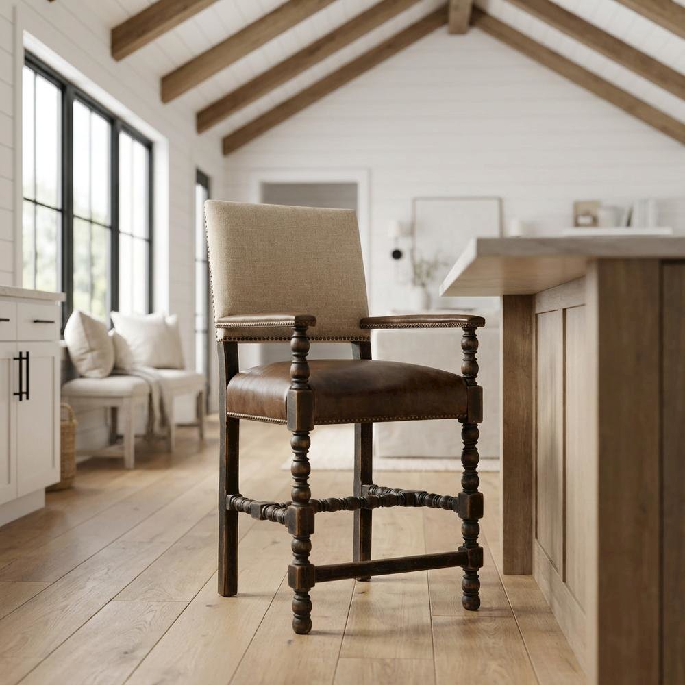 Fabric Counter Stool with Fixed Arms and Distressed Wood Frame, Brown. Picture 3