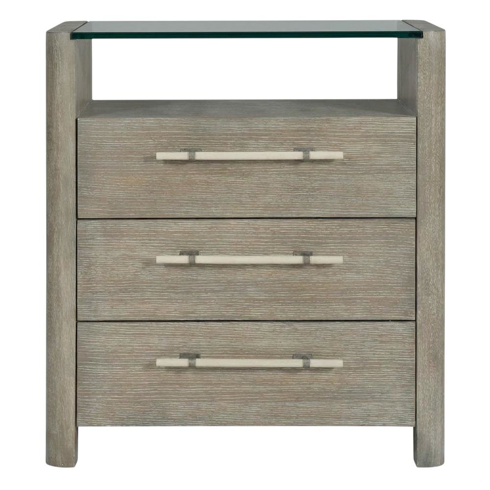 Oak Veneer Nightstand with Three Drawers, Tall Bedside Table with Storage, Gray. Picture 1
