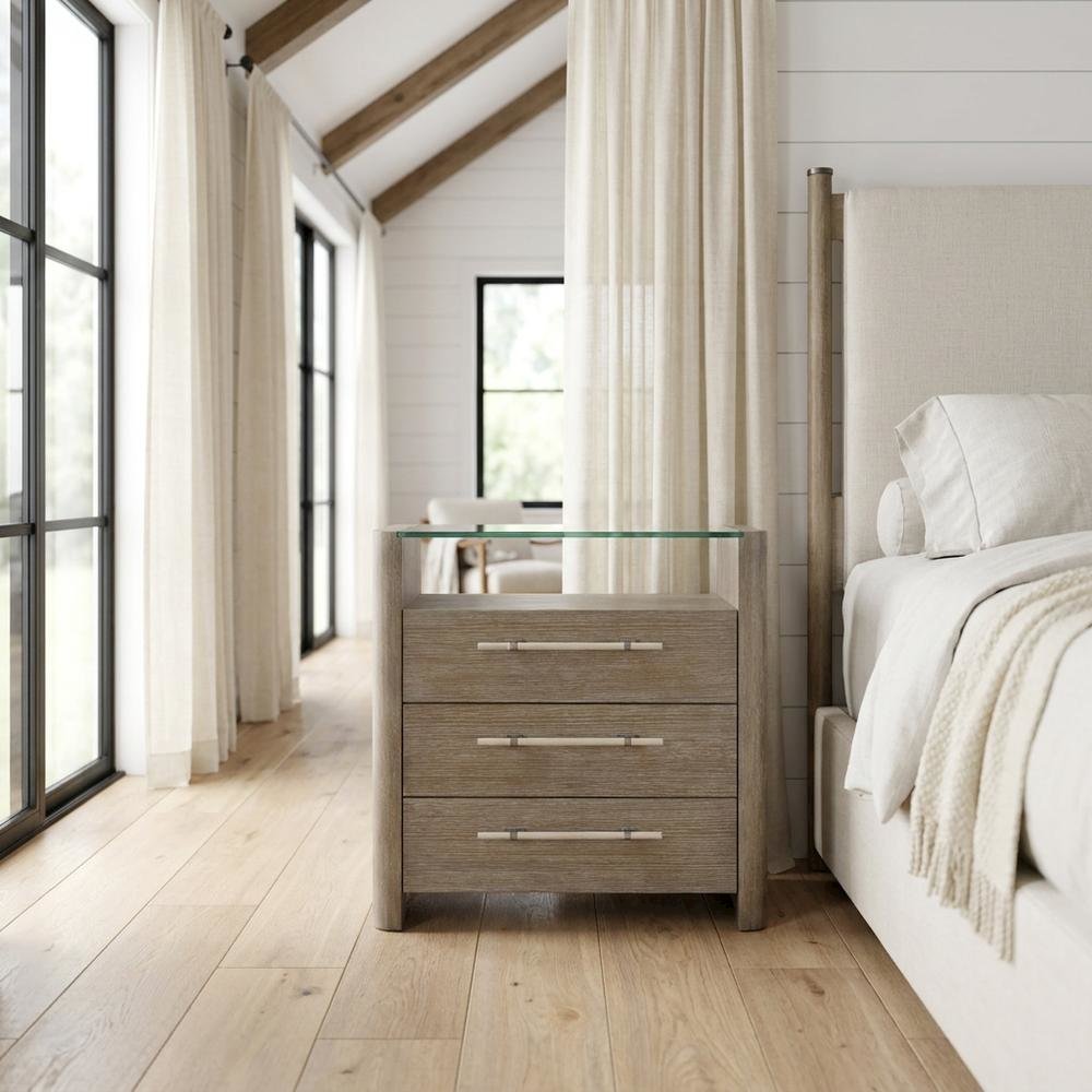 Oak Veneer Nightstand with Three Drawers, Tall Bedside Table with Storage, Gray. Picture 2