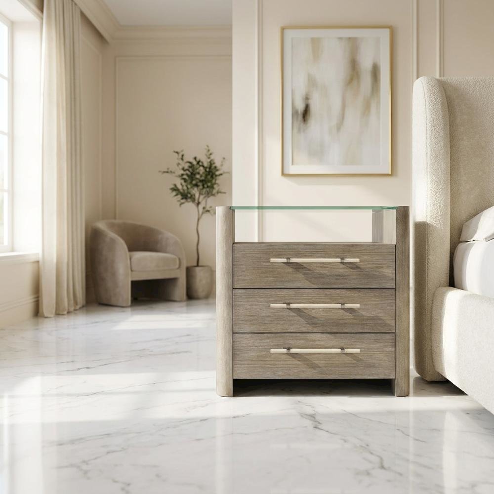 Oak Veneer Nightstand with Three Drawers, Tall Bedside Table with Storage, Gray. Picture 3