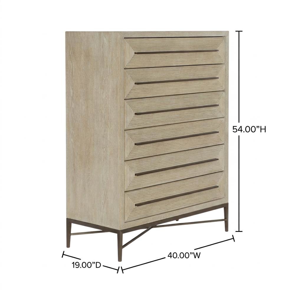 Oak Veneer Transitional Tall Dresser with Metal Accents and Six Drawers, Beige. Picture 5
