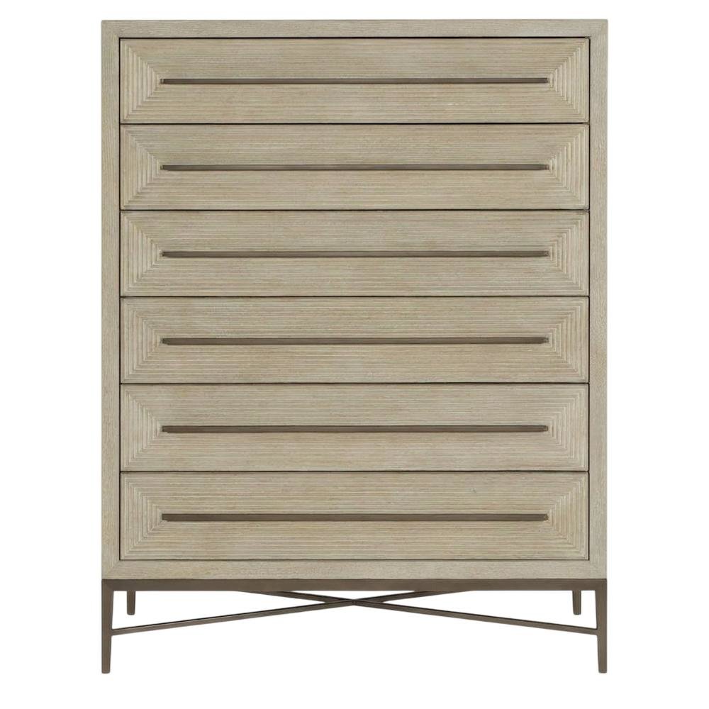 Oak Veneer Transitional Tall Dresser with Metal Accents and Six Drawers, Beige. Picture 1