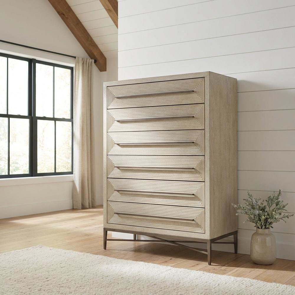 Oak Veneer Transitional Tall Dresser with Metal Accents and Six Drawers, Beige. Picture 2