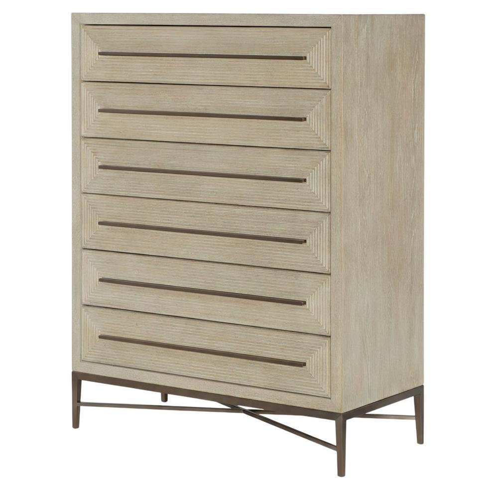 Oak Veneer Transitional Tall Dresser with Metal Accents and Six Drawers, Beige. Picture 4