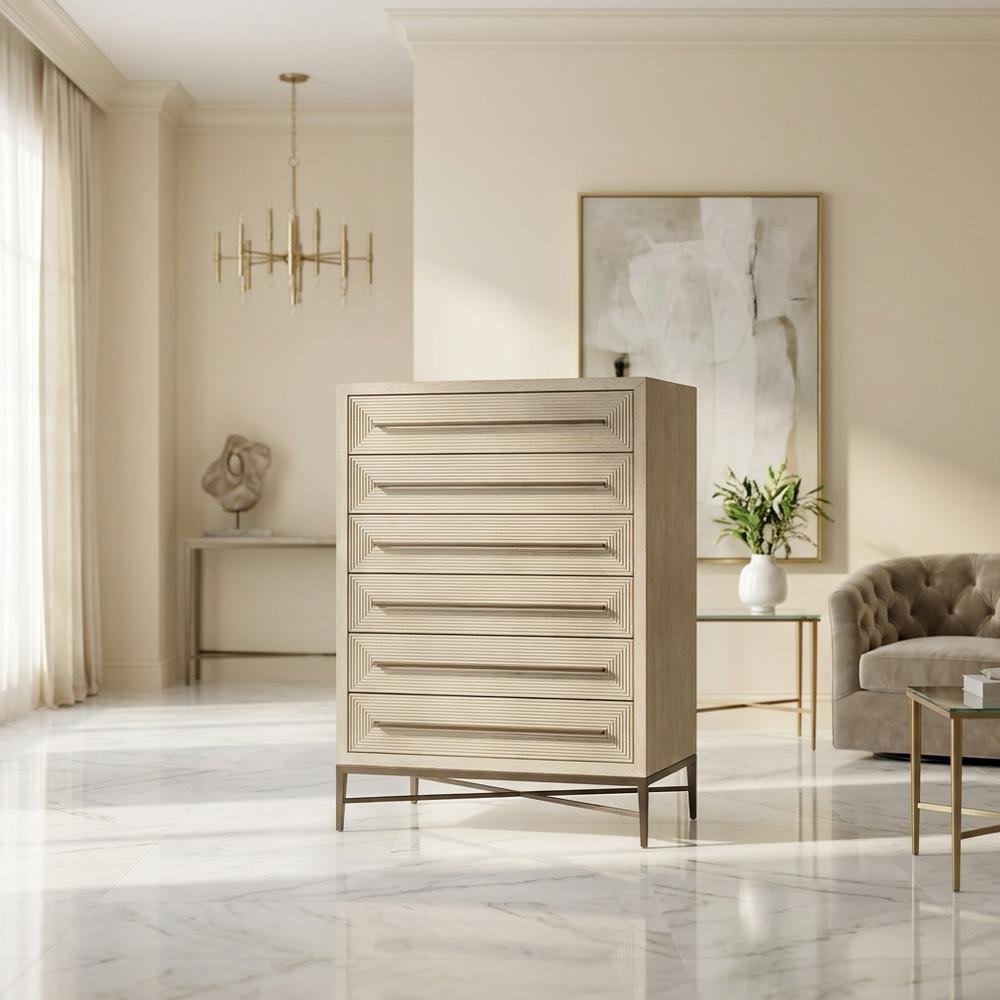 Oak Veneer Transitional Tall Dresser with Metal Accents and Six Drawers, Beige. Picture 3