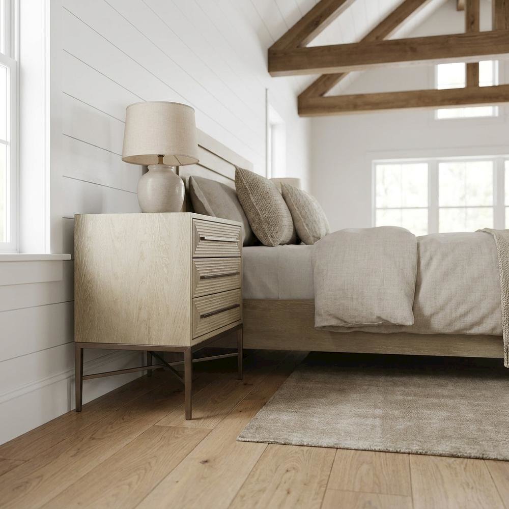 Oak Veneer Night Stand with Three Drawers, Bedside Table with Storage, Beige. Picture 2