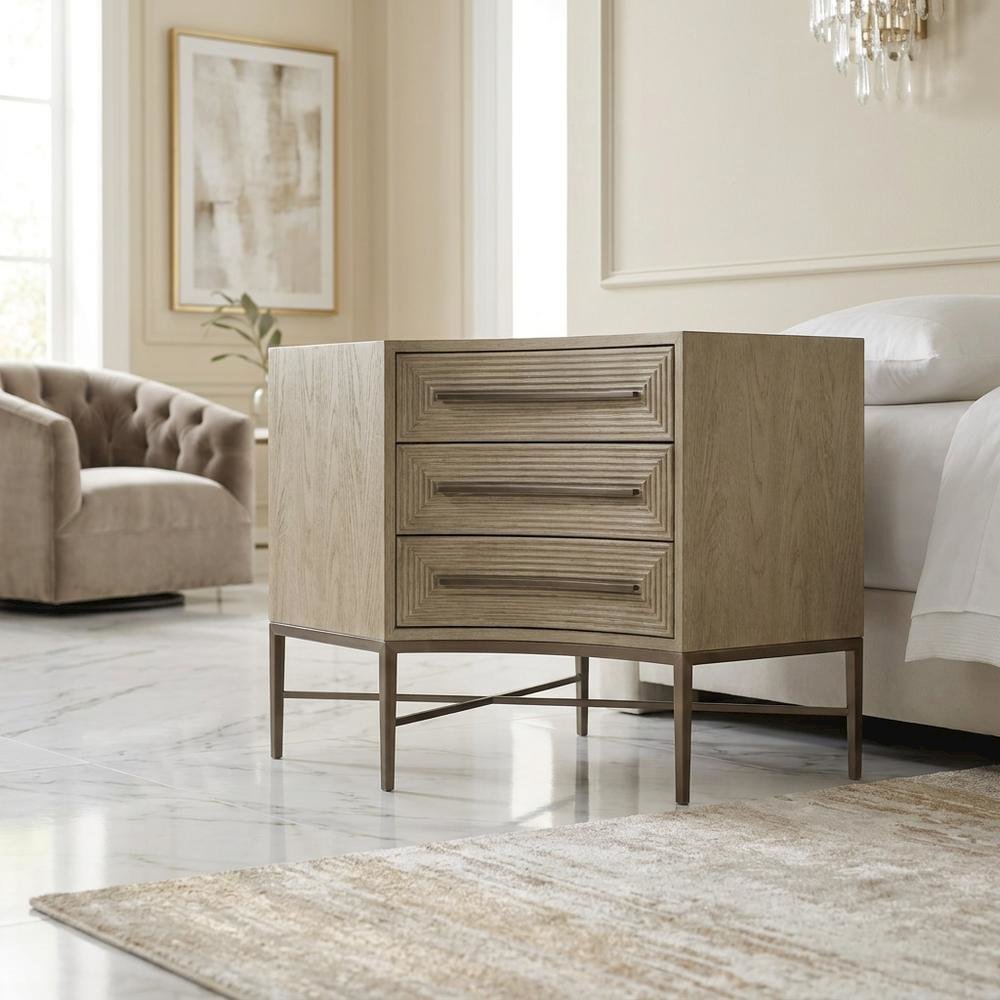 Oak Veneer Night Stand with Three Drawers, Bedside Table with Storage, Beige. Picture 3