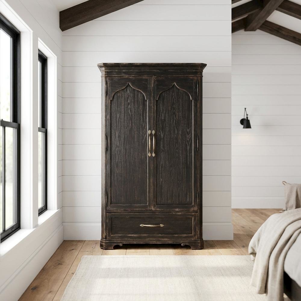 Oak Veneer Armoire Wardrobe Closet with Drawers and Shelves with Storage, Black. Picture 2