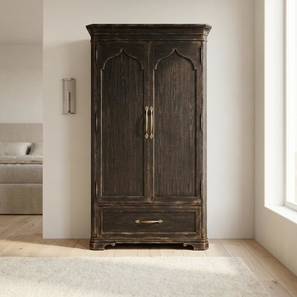 Oak Veneer Armoire Wardrobe Closet with Drawers and Shelves with Storage, Black. Picture 3