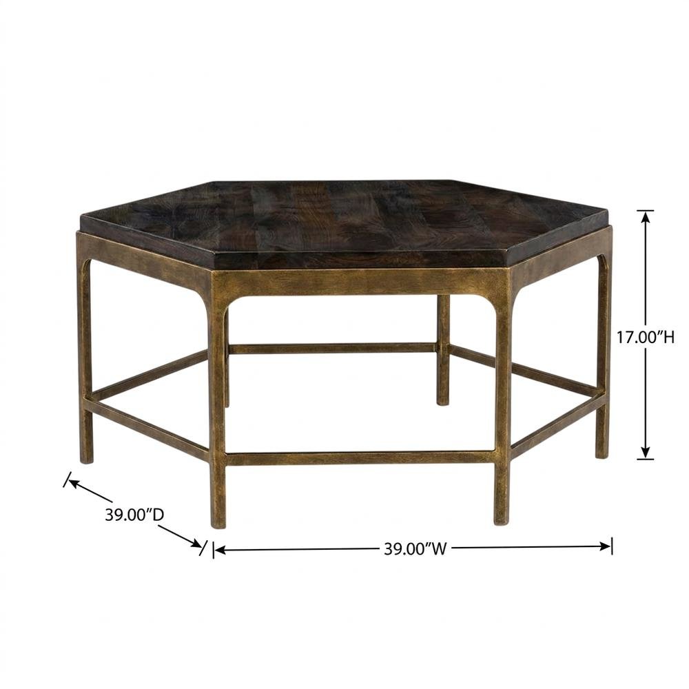 Mango Wood and Iron Round Cocktail Table with Metal Base for Living Room, Gold. Picture 5