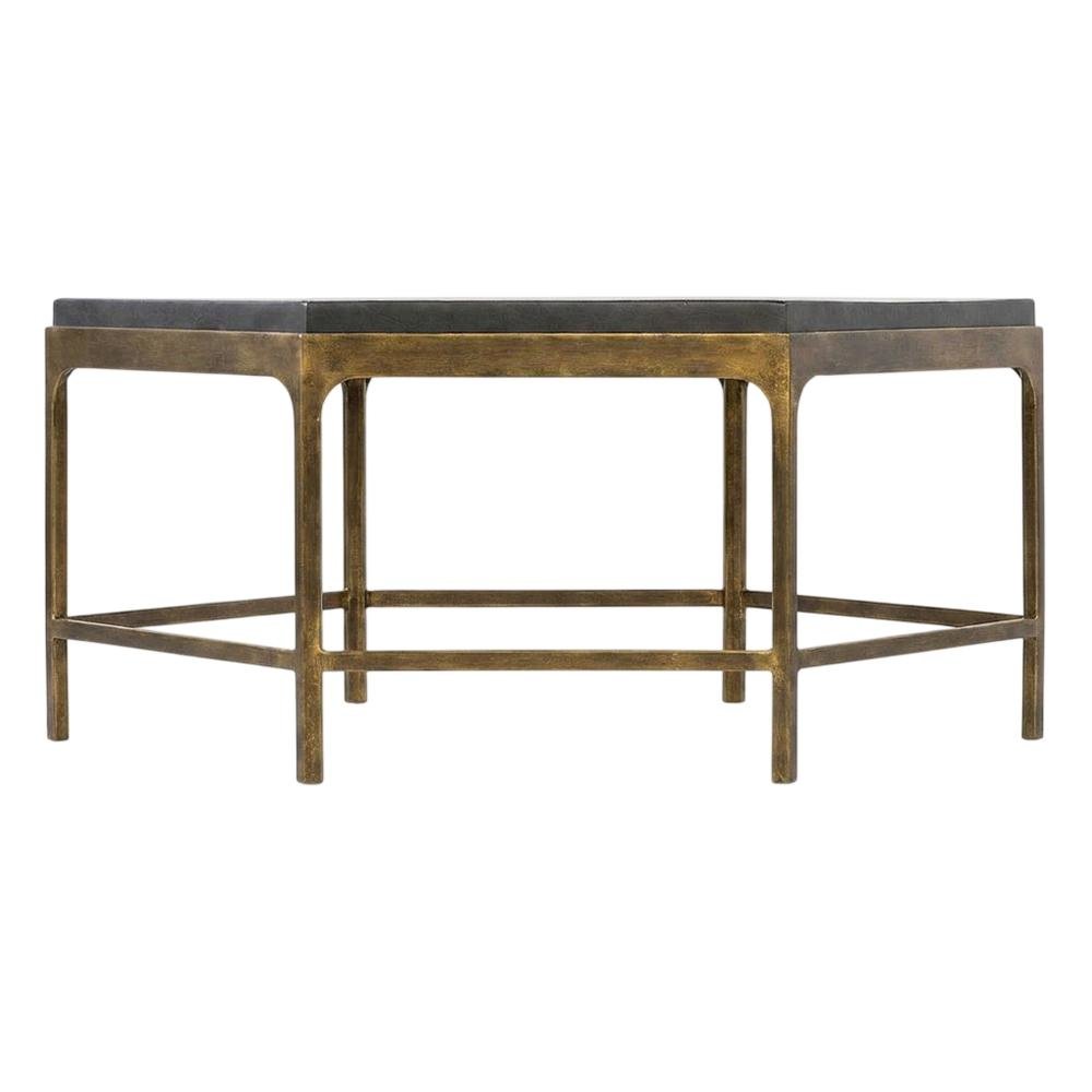 Mango Wood and Iron Round Cocktail Table with Metal Base for Living Room, Gold. Picture 1