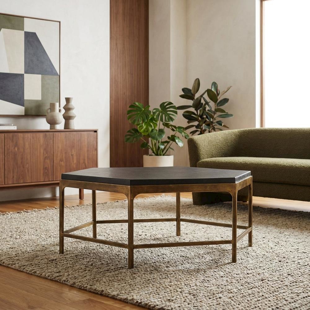 Mango Wood and Iron Round Cocktail Table with Metal Base for Living Room, Gold. Picture 3