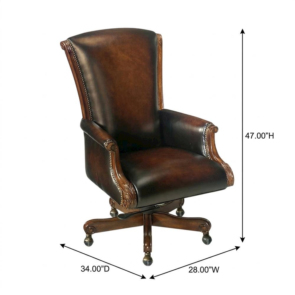 Leather Executive Swivel Chair, Fixed Arms, and Old World Finish, Brown. Picture 5