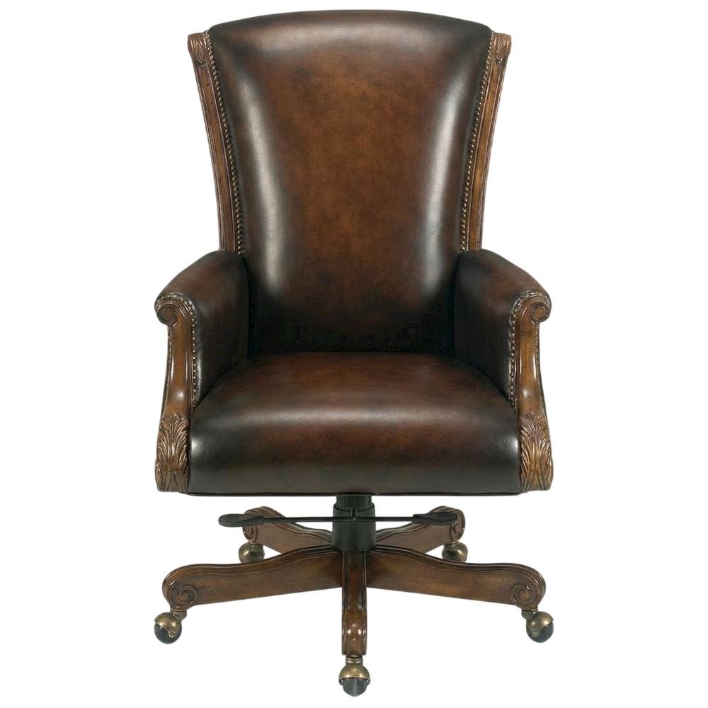 Leather Executive Swivel Chair, Fixed Arms, and Old World Finish, Brown. Picture 1