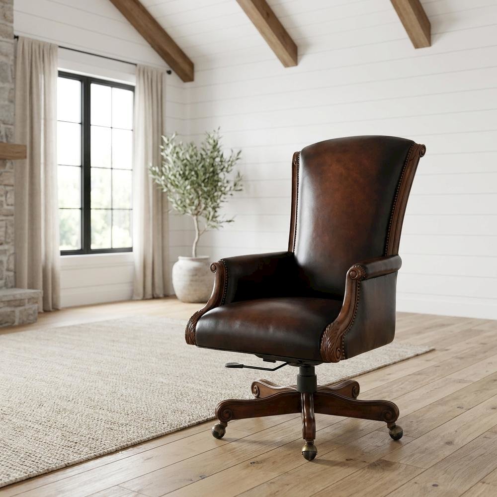 Leather Executive Swivel Chair, Fixed Arms, and Old World Finish, Brown. Picture 2
