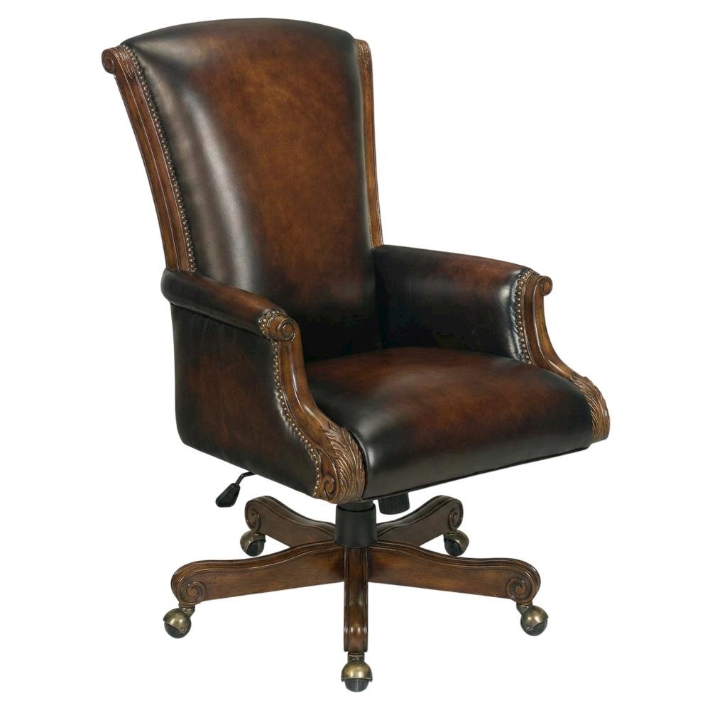 Leather Executive Swivel Chair, Fixed Arms, and Old World Finish, Brown. Picture 4