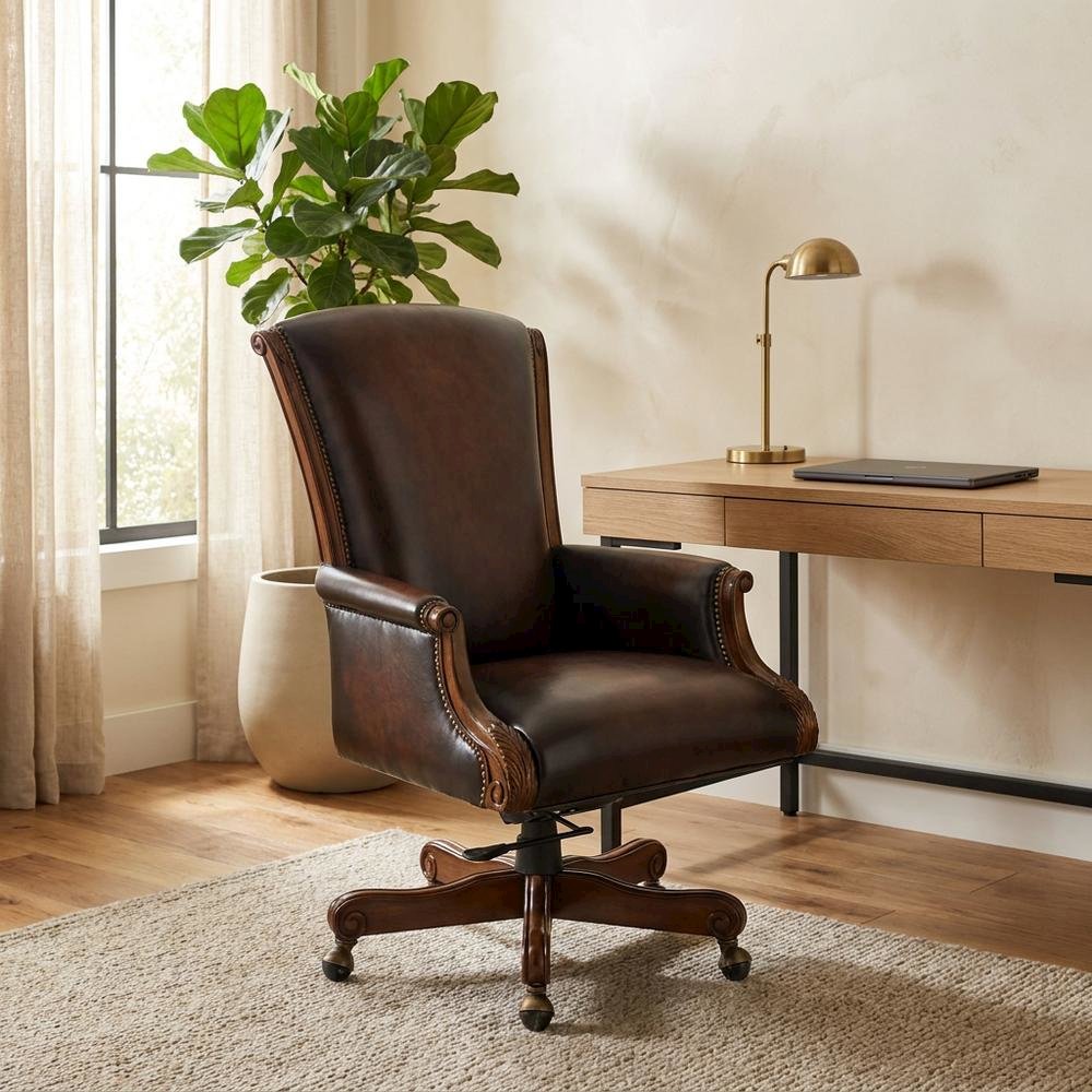 Leather Executive Swivel Chair, Fixed Arms, and Old World Finish, Brown. Picture 3