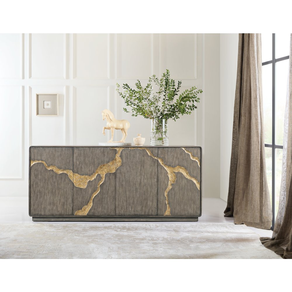Melange Fissured Wood Entertainment Credenza w/ Gold Motif by Hooker Furniture. Picture 6