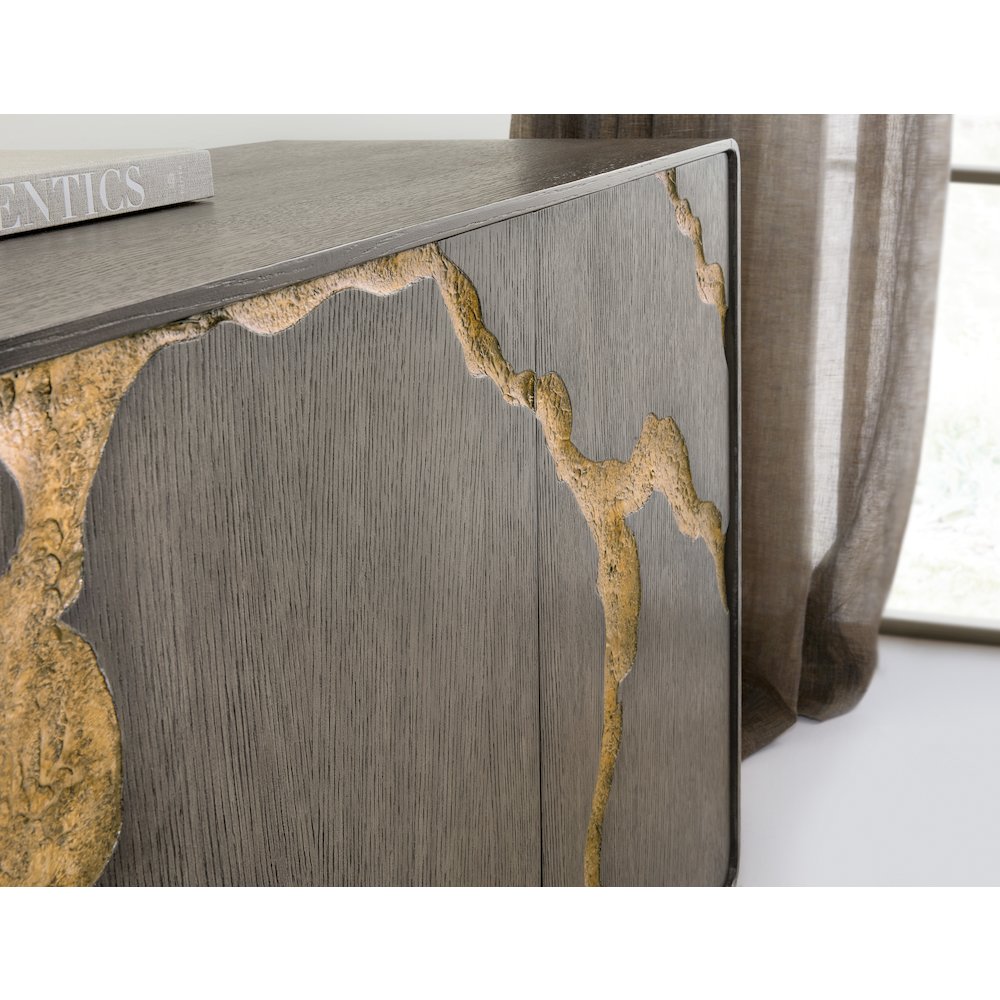 Melange Fissured Wood Entertainment Credenza w/ Gold Motif by Hooker Furniture. Picture 5