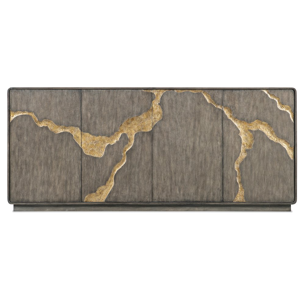 Melange Fissured Wood Entertainment Credenza w/ Gold Motif by Hooker Furniture. Picture 3