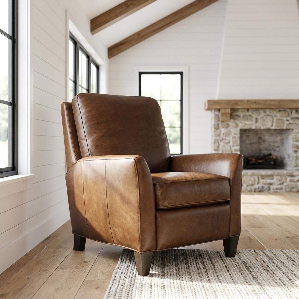 Shasta Aniline Top Grain Leather Recliner Chair with Fixed Arms, Brown. Picture 1