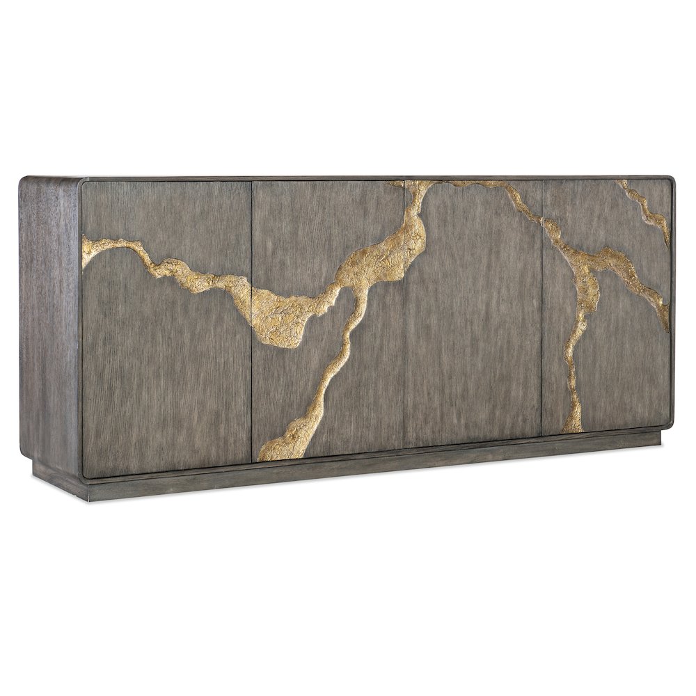 Melange Fissured Wood Entertainment Credenza w/ Gold Motif by Hooker Furniture. Picture 1
