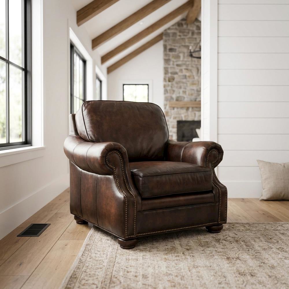 Top Grain Leather Recliner with Fixed Arms, Accent Chair for Living Room, Brown. Picture 2