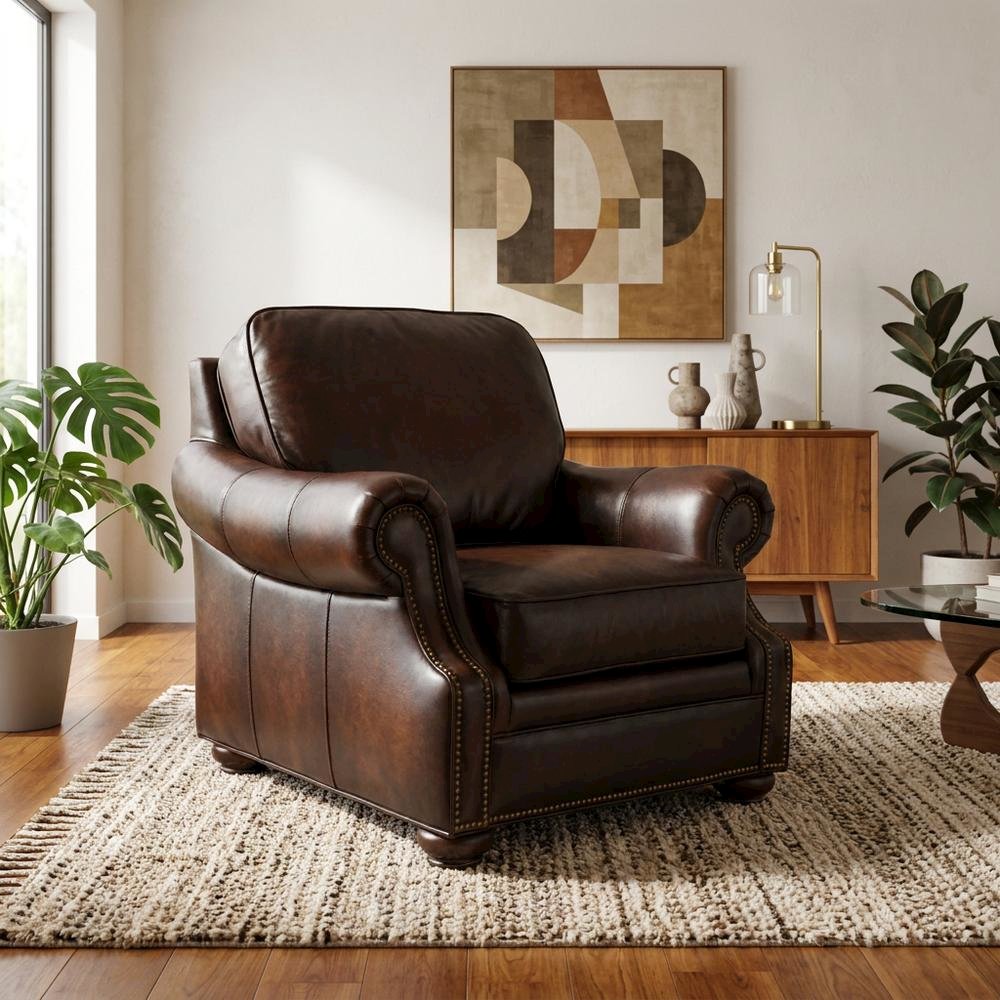 Top Grain Leather Recliner with Fixed Arms, Accent Chair for Living Room, Brown. Picture 3