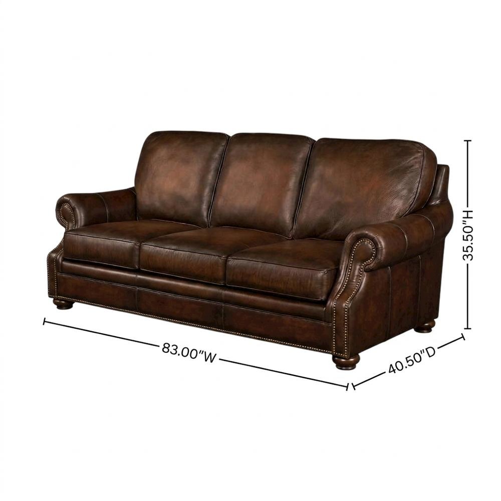 Top-Grain Leather Sofa with Fixed Arms and Dark Walnut Frame, Brown. Picture 5
