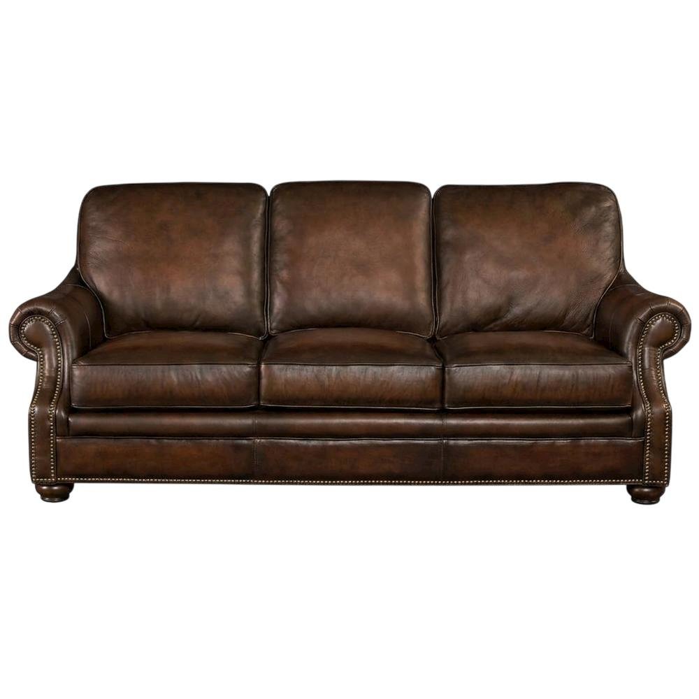 Top-Grain Leather Sofa with Fixed Arms and Dark Walnut Frame, Brown. Picture 1