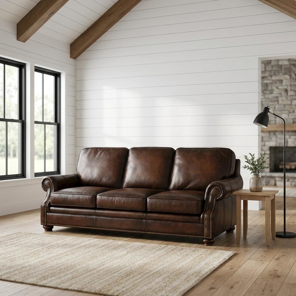 Top-Grain Leather Sofa with Fixed Arms and Dark Walnut Frame, Brown. Picture 2