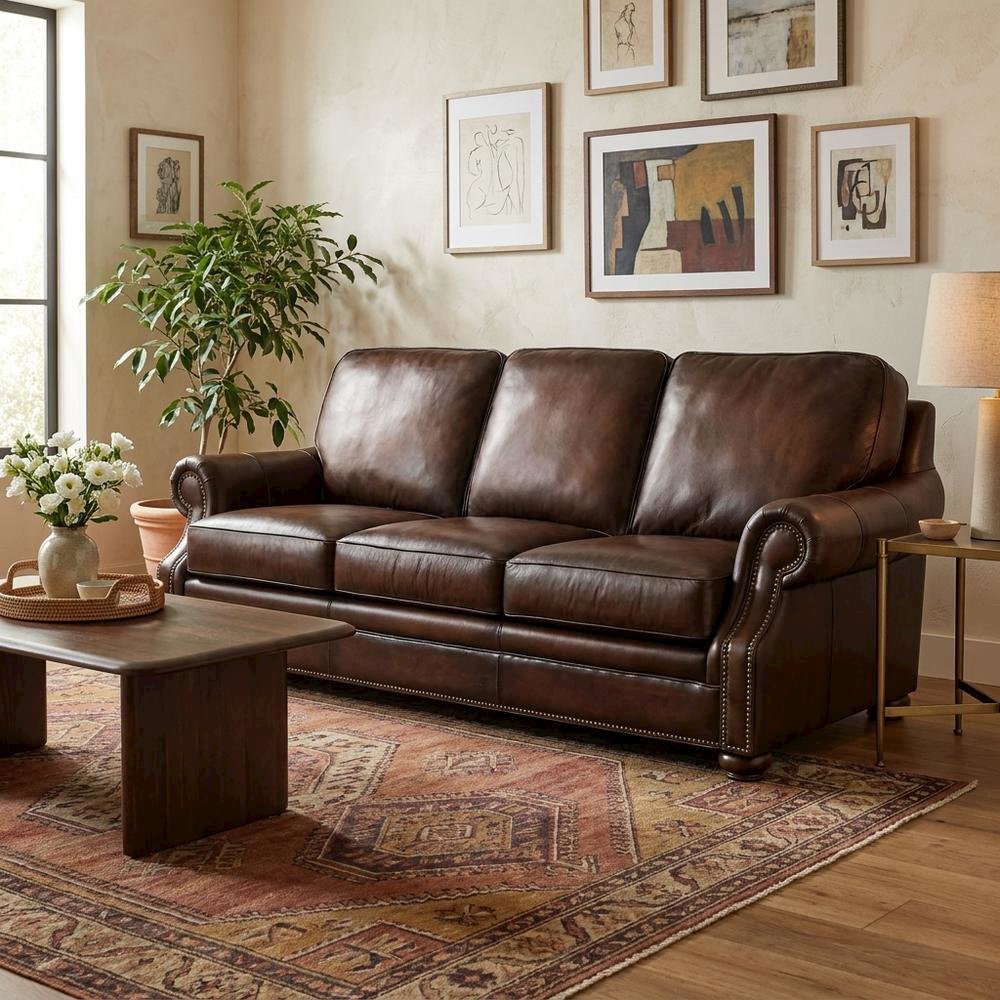 Top-Grain Leather Sofa with Fixed Arms and Dark Walnut Frame, Brown. Picture 3