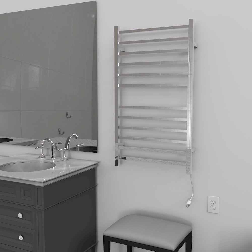 Radiant Large Square Hardwired + Plug-in Combo 12 Bar Towel Warmer in Polished. Picture 4