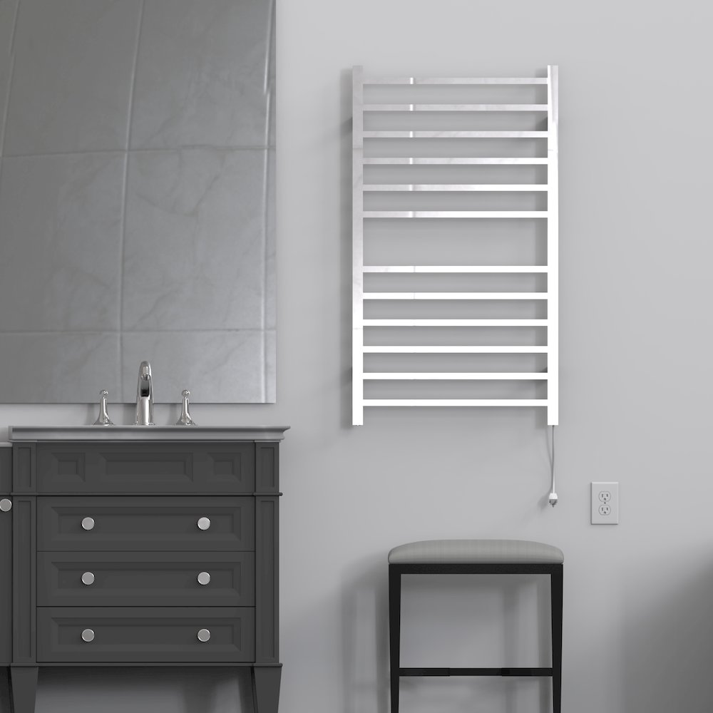 Radiant Large Square Hardwired + Plug-in Combo 12 Bar Towel Warmer in Polished. Picture 7