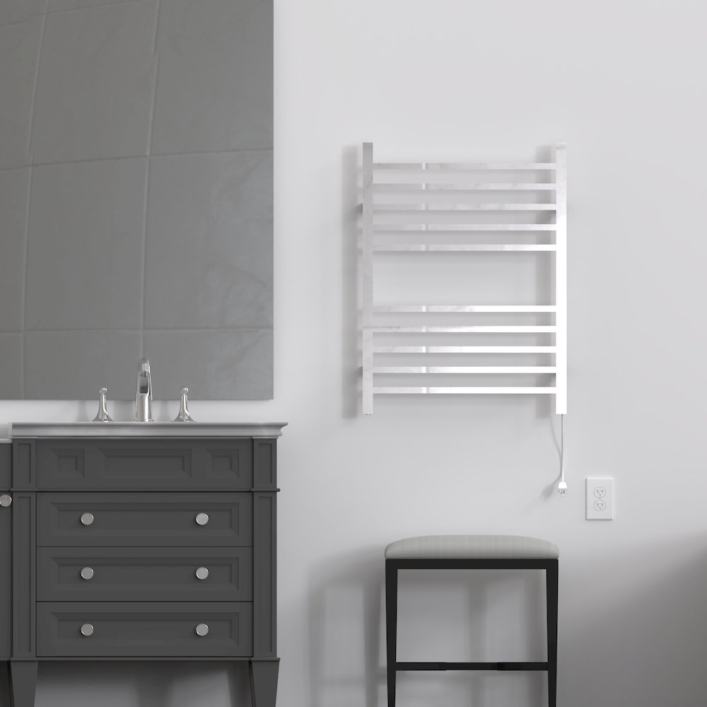 Radiant Square Hardwired + Plug-in Combo 10 Bar Towel Warmer in Polished. Picture 9