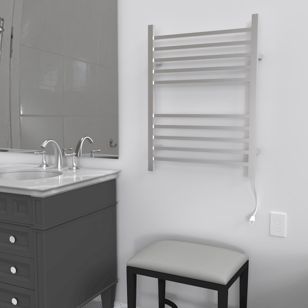 Radiant Square Hardwired + Plug-in Combo 10 Bar Towel Warmer in Brushed. Picture 4