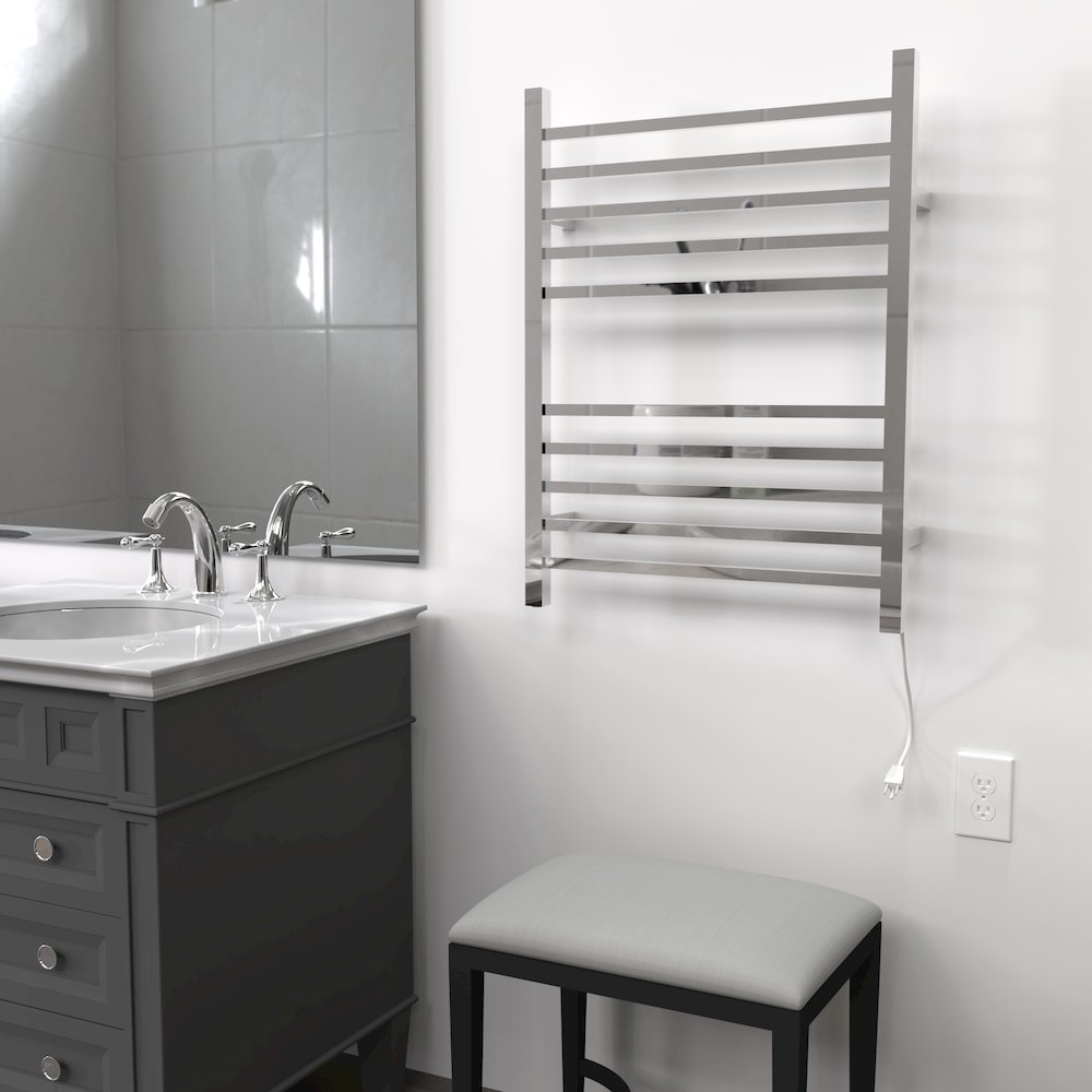 Radiant Square Hardwired + Plug-in Combo 10 Bar Towel Warmer in Polished. Picture 6