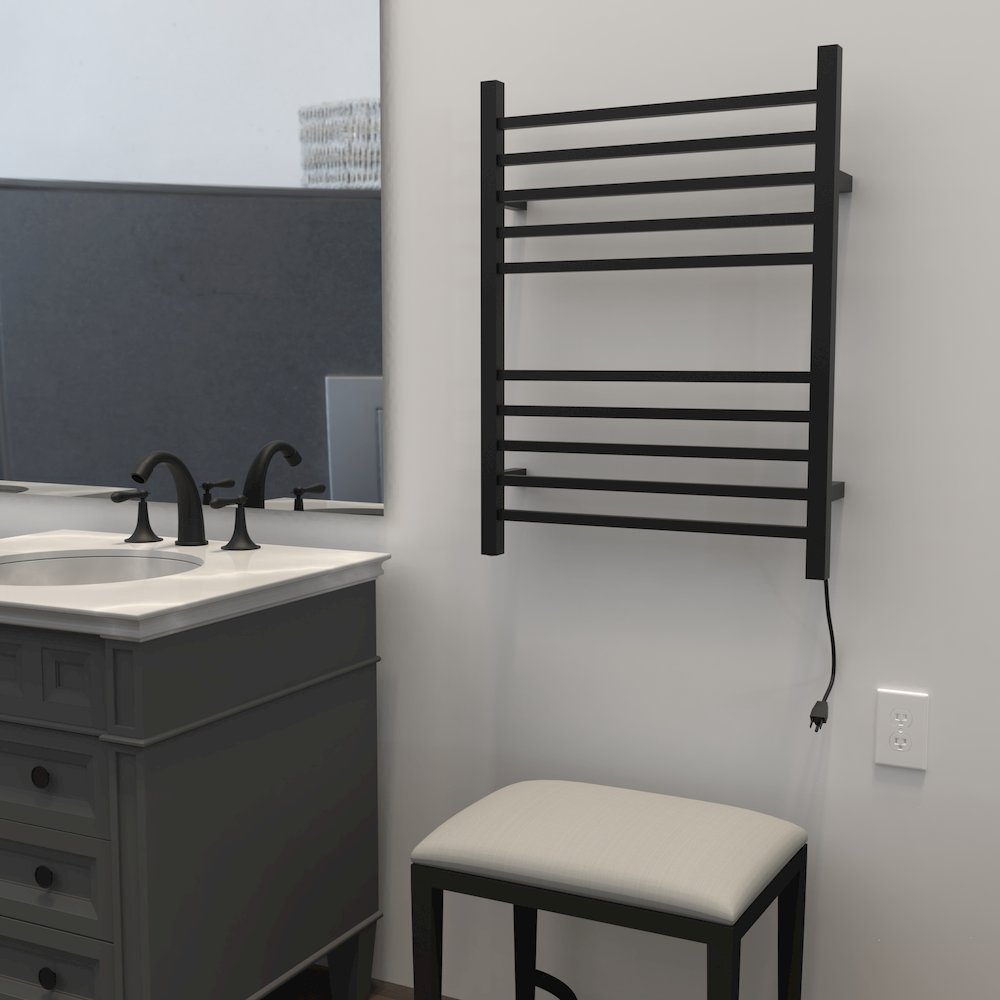Radiant Square Hardwired + Plug-in Combo 10 Bar Towel Warmer in Matte Black. Picture 4