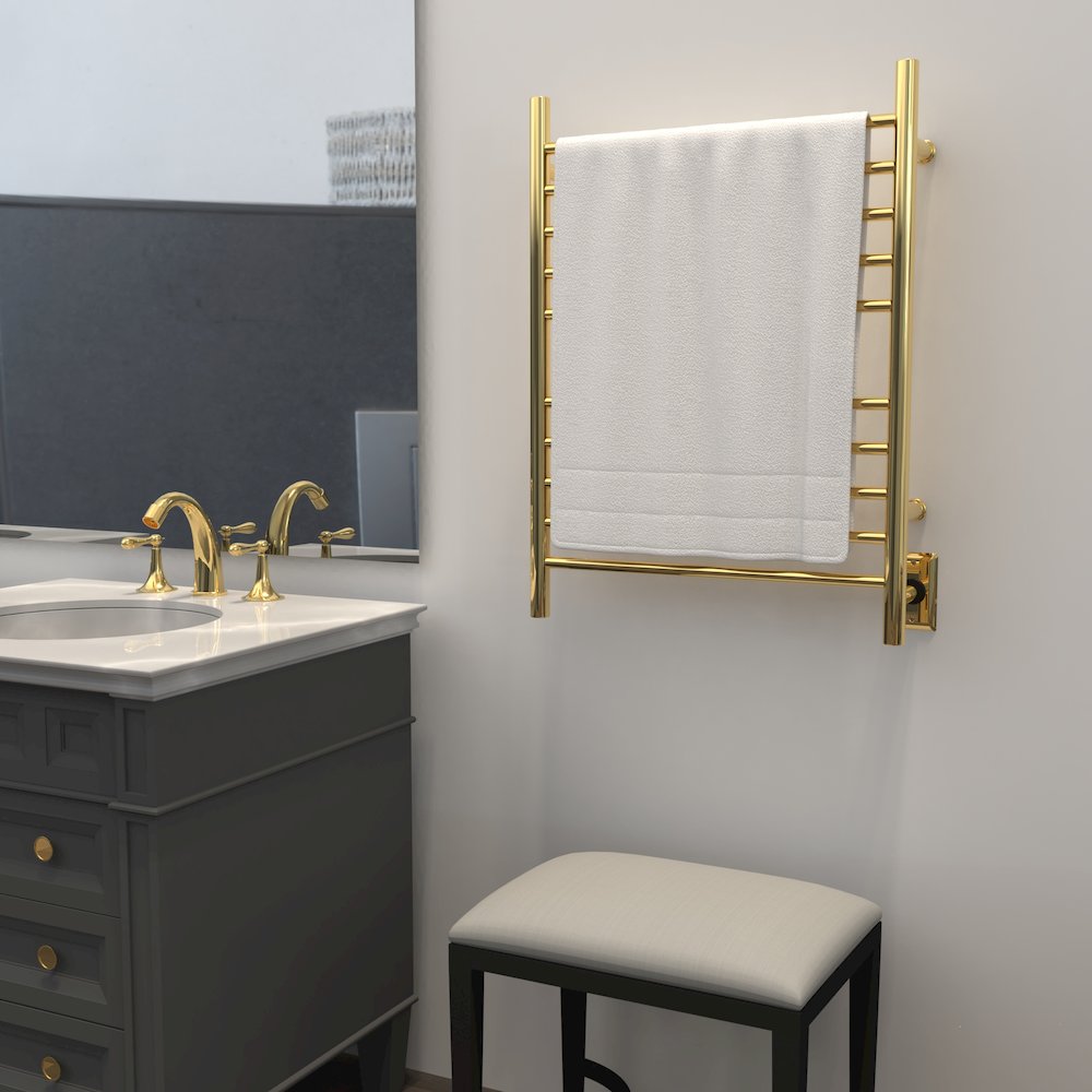 Radiant Hardwired + Plug-in Combo Straight 10 Bar Towel Warmer in Polished Gold. Picture 16