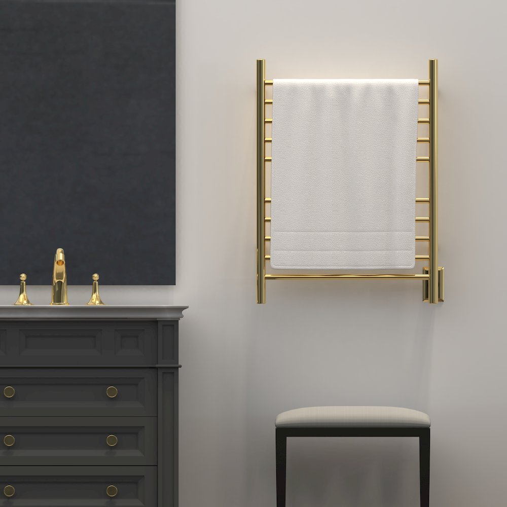 Radiant Hardwired + Plug-in Combo Straight 10 Bar Towel Warmer in Polished Gold. Picture 18