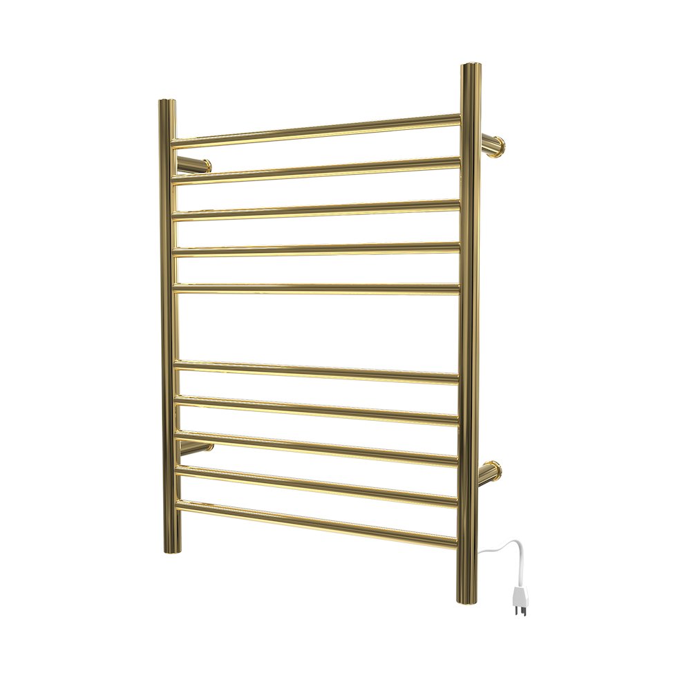 Radiant Hardwired + Plug-in Combo Straight 10 Bar Towel Warmer in Polished Gold. Picture 1
