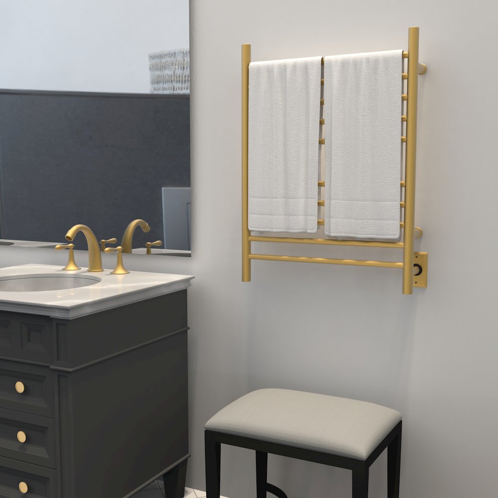Radiant Hardwired + Plug-in Combo Straight 10 Bar Towel Warmer in Satin Brass. Picture 14