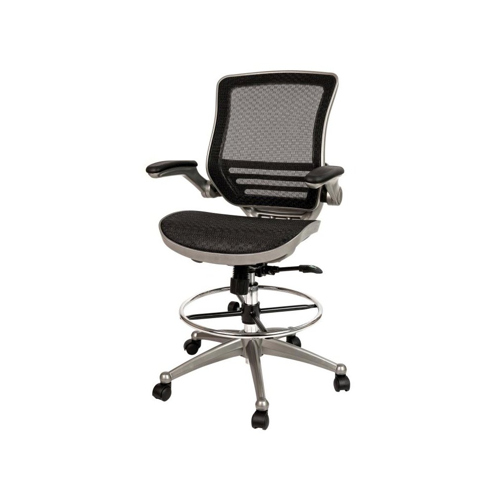 Mid-Back Transparent Black Mesh Drafting Chair with Graphite Silver Frame and Flip-Up Arms. Picture 1