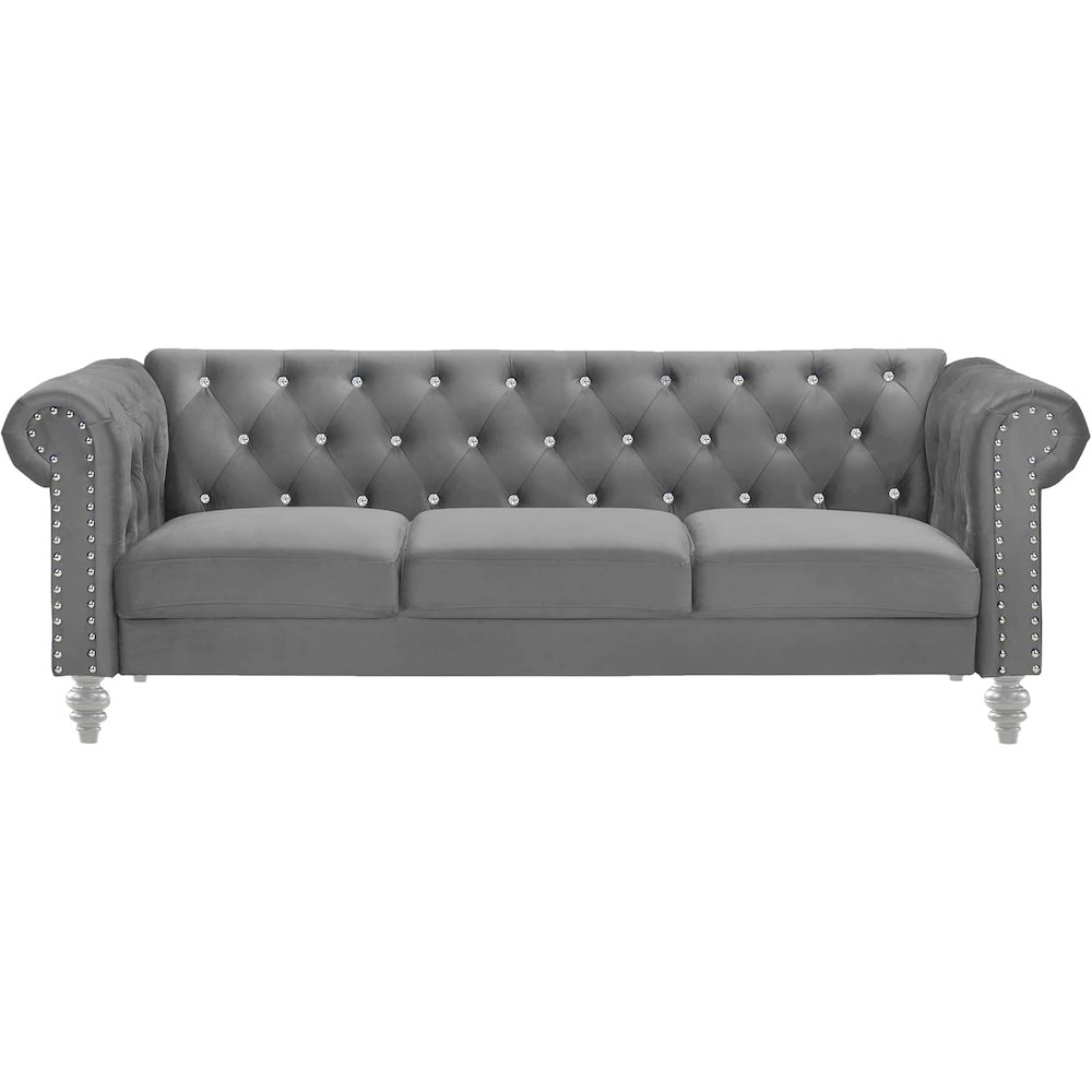 Furniture Emma Velvet Fabric Sofa with Rolled Arms in Gray. Picture 2