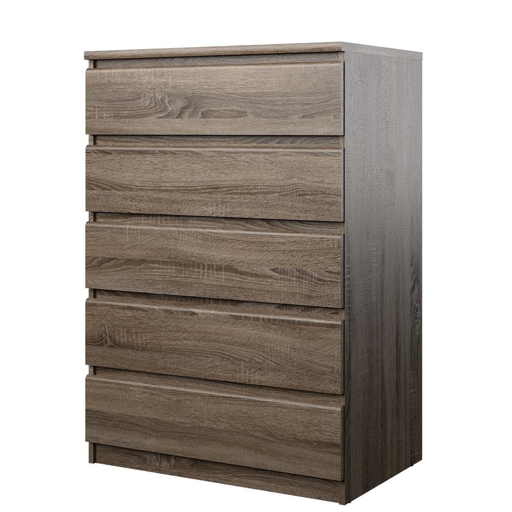 Brown 5 Drawer Chest - Tall Wooden Dresser for Bedroom Storage Solutions. Picture 1