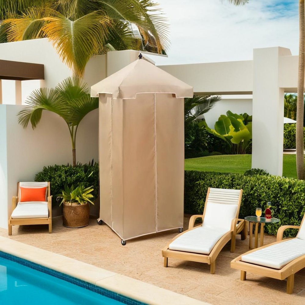 Stylish Beige Outdoor Wicker Towel Valet with Weather-Resistant Features. Picture 6