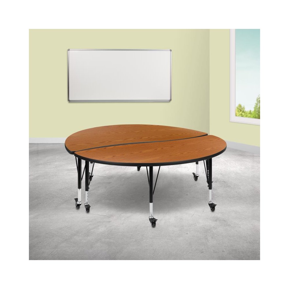 2 Piece Mobile 60" Circle Wave Flexible Oak Thermal Laminate Adjustable Activity Table Set. Picture 2