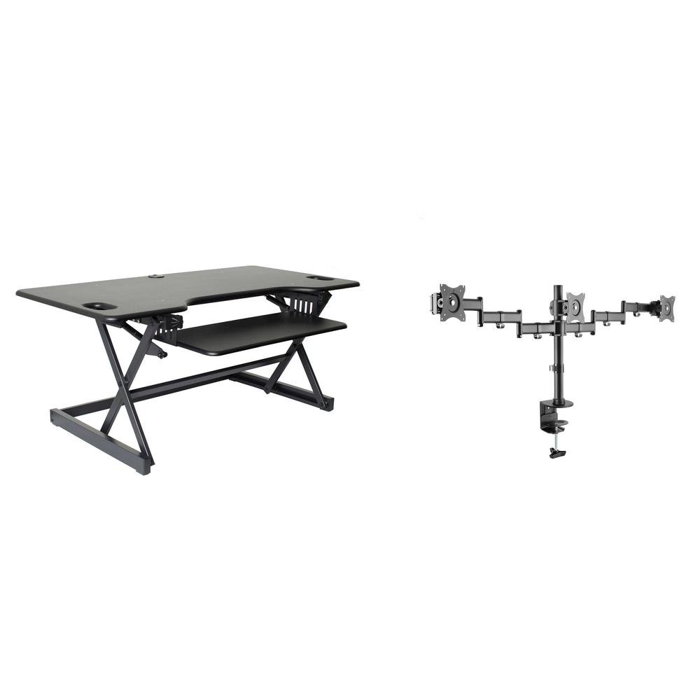 Rocelco 46" Large Height Adjustable Standing Desk Converter with Triple Monitor Mount BUNDLE - Quick Sit Stand Up Computer Workstation Riser - Retractable Keyboard Tray - Black. Picture 1