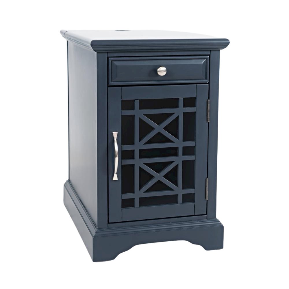 Blue Acacia End Table with USB Charging Station for Convenient Living Room Use. Picture 1