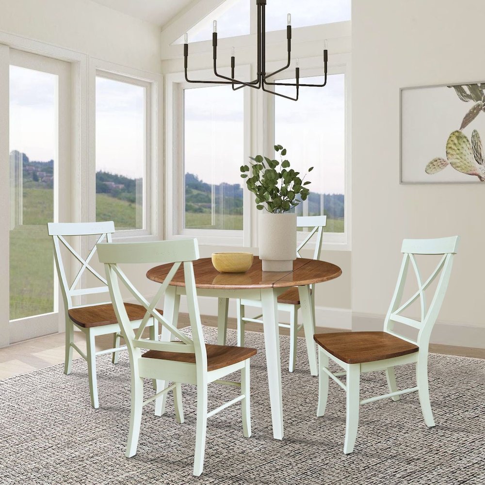 42" Solid Wood Round Dual Drop Leaf Dining Table with 4 Chairs. Picture 2